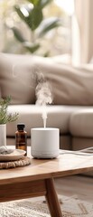 Modern white essential oil diffuser on wooden table in cozy living room, creating a soothing atmosphere with natural decor elements.