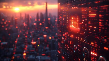 Futuristic cityscape at sunset with illuminated digital interface overlay, showcasing advanced technology and urban development.
