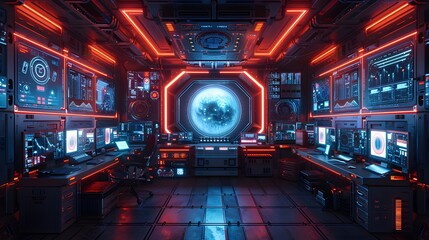 Futuristic control room with glowing screens and advanced technology, showcasing a sleek and high-tech work environment.