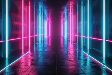 Fototapeta premium Abstract Neon Cyber Space with Glowing Speed Lines and Reflections