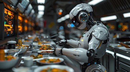 Fototapeta premium Futuristic robot serving food in a technologically advanced kitchen with neon lighting, representing the integration of AI in culinary arts.
