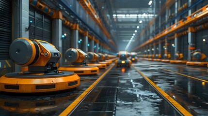 Futuristic robotic machinery in a modern industrial warehouse setting, showcasing advanced technology and automation systems.