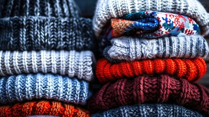 Fototapeta premium Snow hats and beanies stacked in a pile