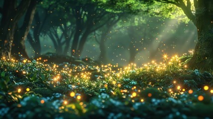 Obraz premium Luminous plants glow softly in a serene forest, illuminating the simple, minimal background with a gentle bioluminescent light.