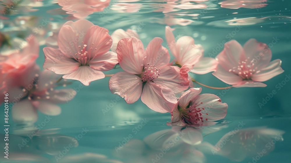 Poster delicate underwater flowers float gracefully in a minimal aquatic setting, highlighted by a simple b