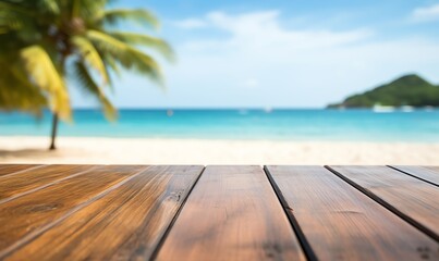 Wooden Tabletop Overlooking a Tropical Beach