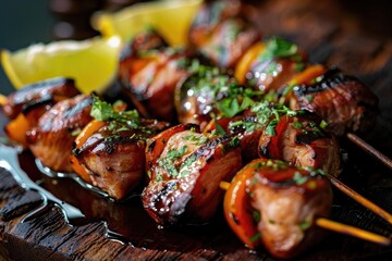 Grilled meat skewers garnished with fresh herbs and served with lemon wedges on a rustic wooden board, perfect for a summer barbecue.