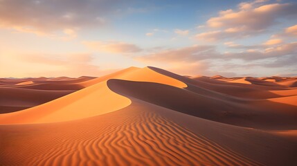 Desert sand dunes panorama at sunset. 3D rendering