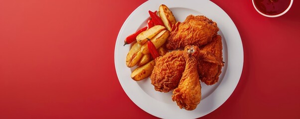 Crispy fried chicken with a side of seasoned potato wedges on a white plate, set against a vibrant red background.