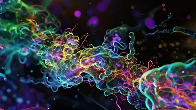 A fluorescent animation showing the interaction between ries and chaperone molecules important for the proper folding of newly synthesized proteins.