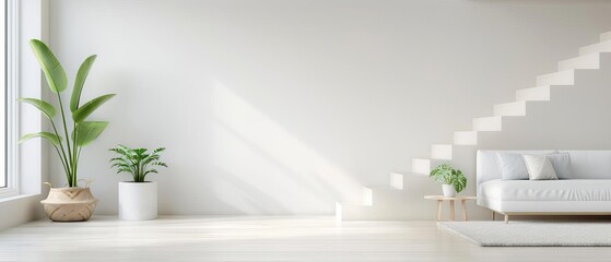Minimalist white living room with indoor plants, modern sofa, and natural light coming through large windows, under a staircase.