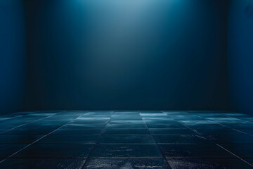a dark blue gradient background with cinematic light and and a ceramic floor