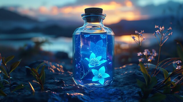 A shimmering blue elixir contained in a hexagonal vial