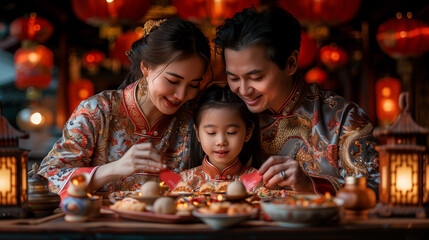 Asian family celebrating diwali festival. Mother, father and daughter lighting candles.