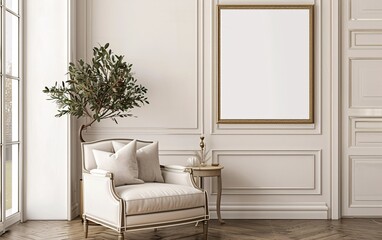 A living room with a sofa and a painting on the wall