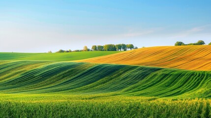 Naklejka premium A serene scene with a minimal, simple background showcasing endless rows under a clear sky. Vibrant hues of green and golden fields stretch to the horizon.