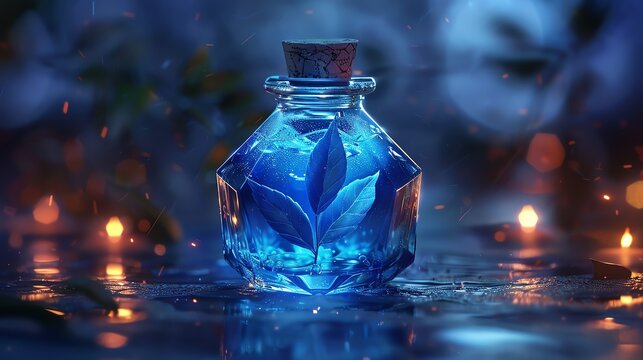 A shimmering blue elixir contained in a hexagonal vial