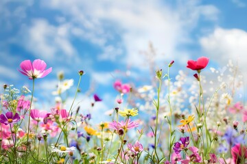 Naklejka premium Colorful wildflowers in full bloom, with a blue sky and white clouds in the background. The flowers include pink cosmos, yellow daisies, purple zinnias, green leaves, and grasses. 