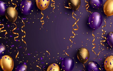 Holiday background with golden and purple metallic balloon