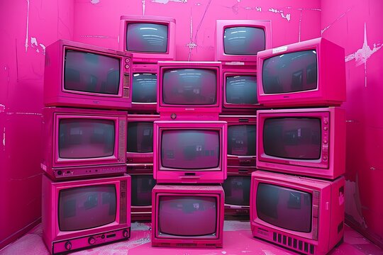 A vibrant pink background featuring an array of oldfashioned televisions stacked together