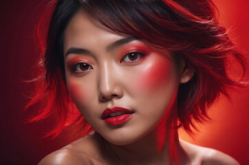Fototapeta premium Asian woman with short bright red hair looking at camera face accented by vibrant bold makeup