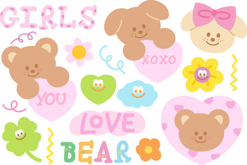 Fototapeta premium Pastel illustration of teddy bear, puppy, clover leaf, cloud, heart, flowers for animal print, vet, pet shop, zoo, cute patches, plush toy, doll, girls sticker, floral, summer, love sign, valentine