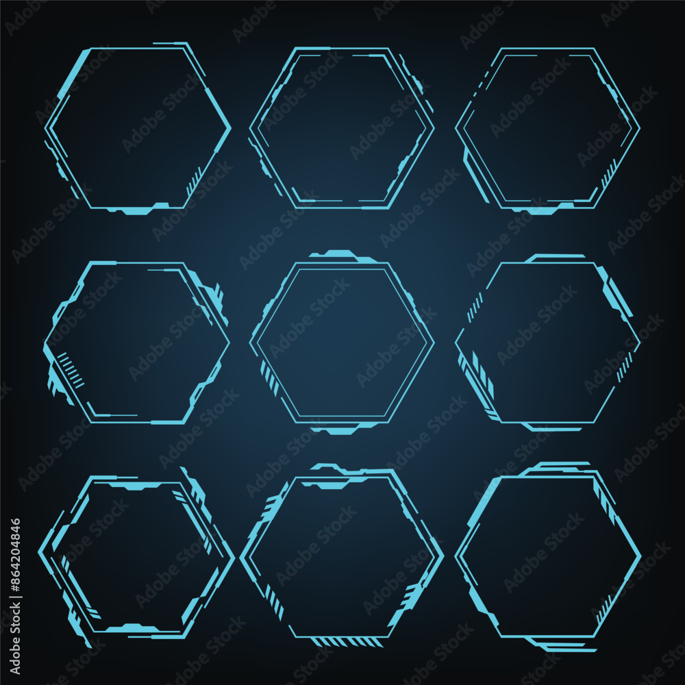 Poster Set of hexagons  HUD futuristic style. Hexagon frame element design, geometric shapes, digital technology on a dark blue background.