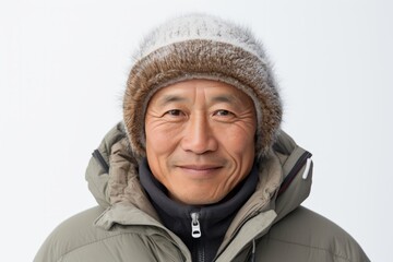 Portrait of a tender asian man in his 50s dressed in a warm ski hat while standing against white background