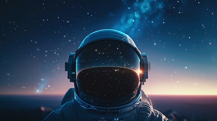 Singular astronaut helmet floating from the top of the frame, against a starry night sky background and soft moonlight, symbolizing exploration and the cosmos