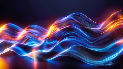 Abstract glowing waves in blue and orange.  .Dynamic, flowing digital art. .Vibrant, futuristic energy..Swirling, luminous abstract shapes.