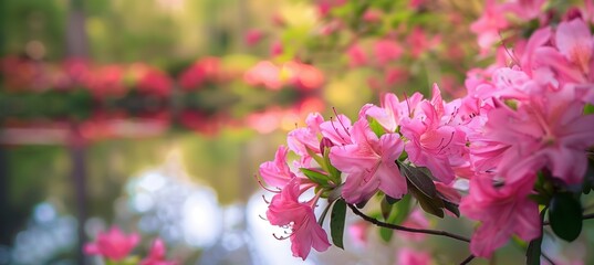 Flowers bloom in a vibrant garden and park, showcasing nature's beauty with pink, red, white, and purple blossoms in spring and summer