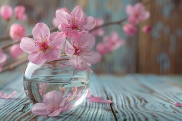 Beautiful pink blossoms in glass vessel resting on wooden surface