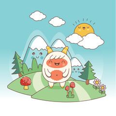 goat mountain forest trees sky sun flowers illustration mushroom clouds kawaii vectors