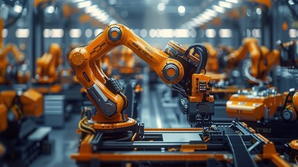 Fototapeta premium Industrial robotic arms on an assembly line in a factory. The robots are working together to produce products.