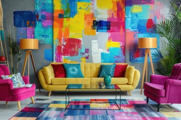Bright and joyful living room design concept with vibrant abstract art wall decor, colorful painting display mockup idea