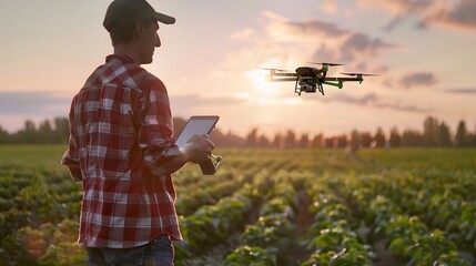 Innovative Farmer Utilizing Drone for Precision Agriculture Monitoring in Vast Futuristic Field