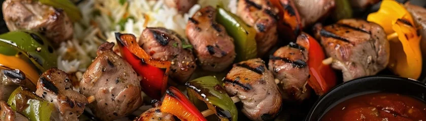 Delicious grilled meat and vegetable skewers served with a side of dipping sauce. Perfect for summer barbecues and outdoor gatherings. © Jiraporn