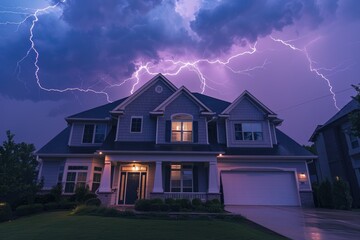 Electric storm casting vivid bolts above a home in the suburbs