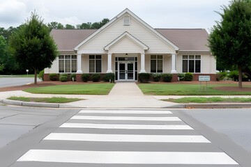photograph of an intersection with a white crosswalk in front of the exterior entrance to small town community center building, gray concrete accents on beige walls, black windows and doors