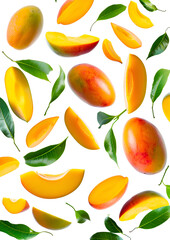 Obraz premium Delicious mango fruits and leaves falling on white background