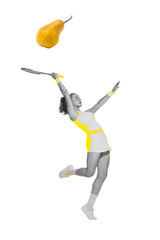 Poster. Contemporary art collage. Young athletic woman hitting pear instead of tennis ball in...