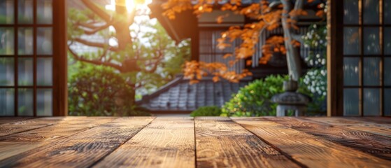 Wooden table of free space and blurred background of japan interior with big window .Generative AI