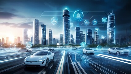 Fototapeta premium Futuristic Smart City with Autonomous Vehicles and Advanced Digital Network 