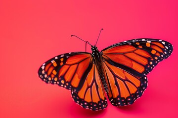 Naklejka premium Realistic photography of a monarch butterfly, against a vibrant magenta background, showcasing intricate wing patterns up close