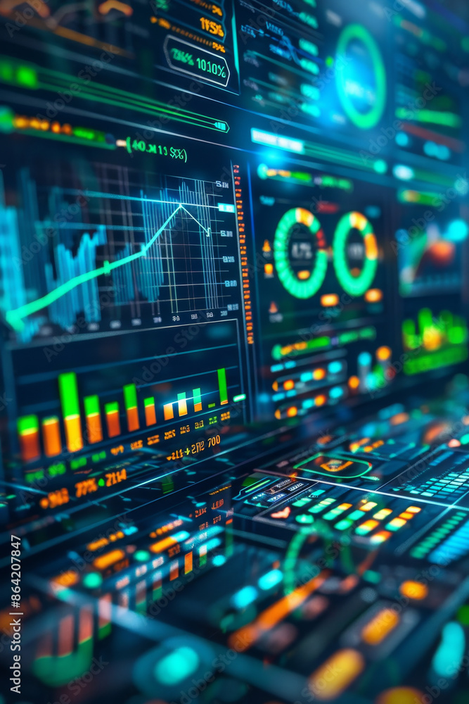 Poster high-tech investment dashboard with glowing graphs and charts in blue and green colors.