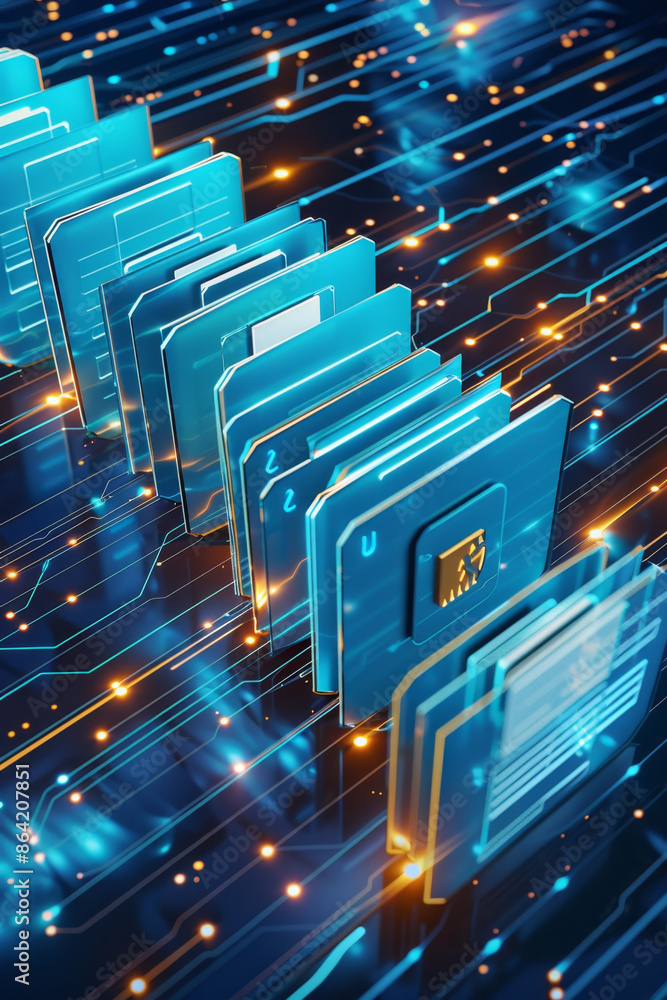 Poster high-tech interface with organized folders and efficient design in blue and white colors.