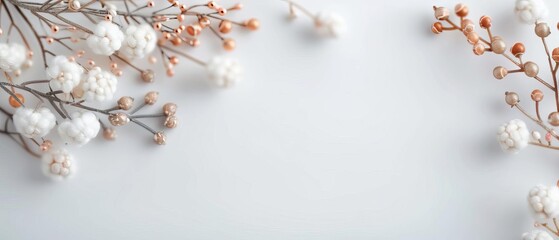 Minimalist winter floral arrangement with cotton and dry branches on white background, perfect for seasonal and holiday designs.