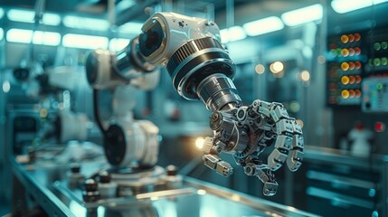 The future of surgery as an AI-enabled robotic arm collaborates with a skilled surgical team to perform a complex and precise operation.