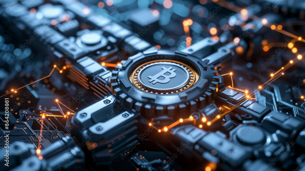 Poster futuristic blockchain network design for digital currency concept in finance technology.