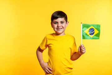 A young boy is holding a green and white flag of Brazil